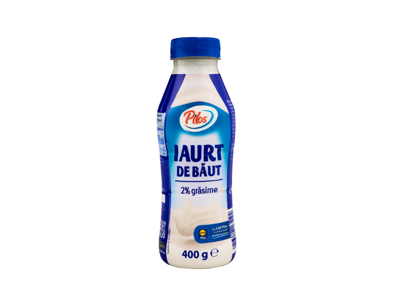 Sticlă de iaurt de băut cu 2% grăsime, 400 g.