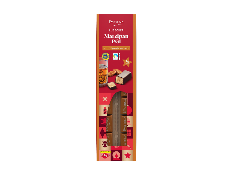 Cutie de marțipan Lübecker cu rom jamaican, 125g, 10 bucăți.