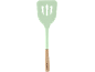 Spatulă de bucătărie verde, perforată, cu mâner din lemn.