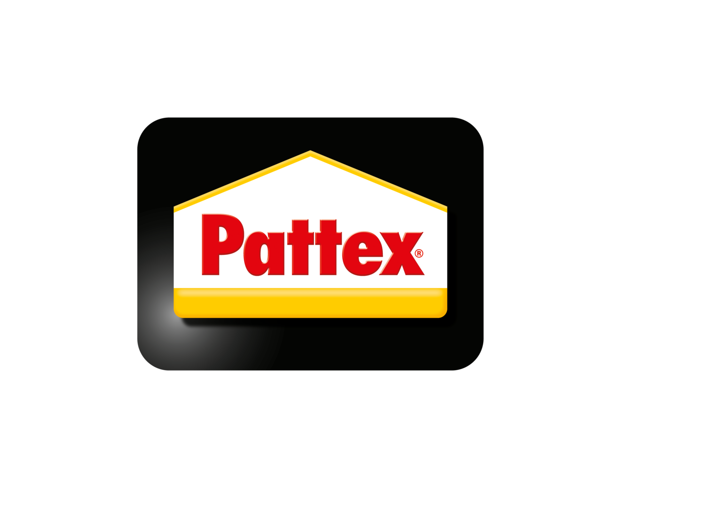 Logo în formă de casă cu cuvântul „Pattex” în roșu pe un fundal alb și galben.
