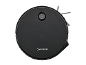 Aspirator robot rotund negru cu butoane de pornire și acasă, și perii laterale.