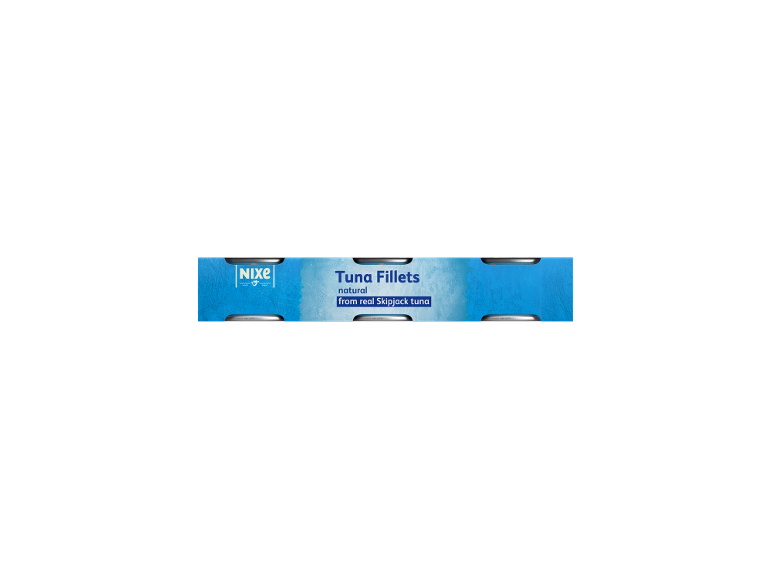 Conserve de fileuri de ton natural din ton skipjack pe un fundal albastru.
