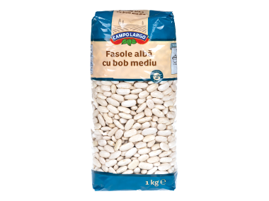 Pungă de fasole albă cu textul „Fasole albă cu bob mediu” și „1 kg e”.