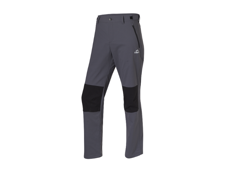 Pantaloni de drumeție gri pentru bărbați cu întărituri negre la genunchi.