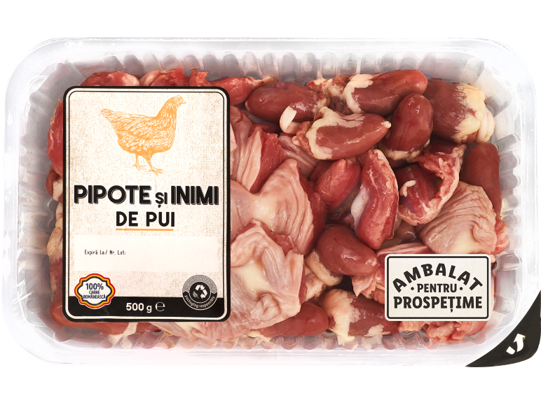 Ambalaj cu pipote și inimi de pui, 500g, etichetat pentru prospețime și carne românească.