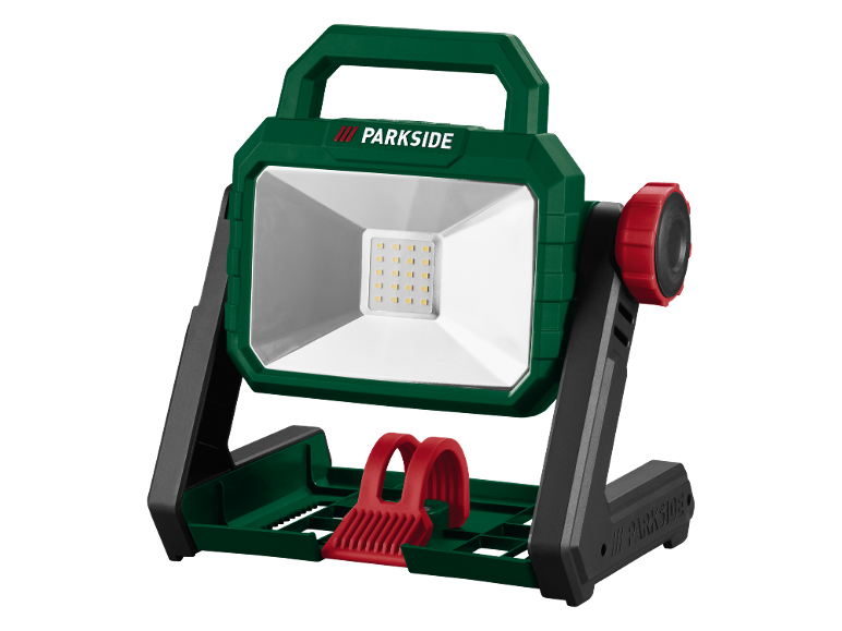 Lampă de lucru LED verde și neagră cu suport și mâner roșu.