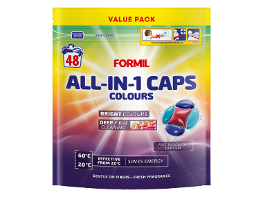 Pachet economic de 48 capsule de detergent tot-în-unul pentru culori, cu închidere ușoară.