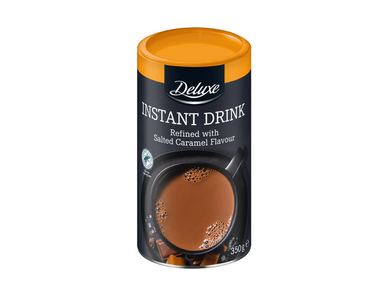 Băutură instant cu aromă de caramel sărat într-un recipient negru și portocaliu, 350g.