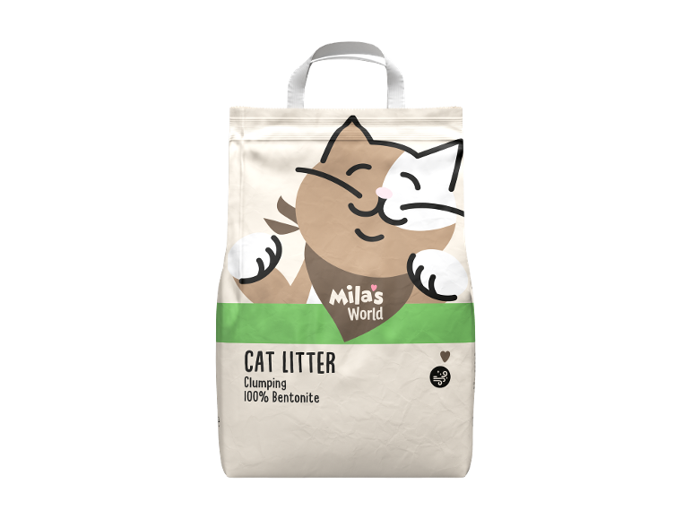 Ambalaj de nisip pentru pisici cu imagine de pisică, text „CAT LITTER Clumping 100% Bentonite”.