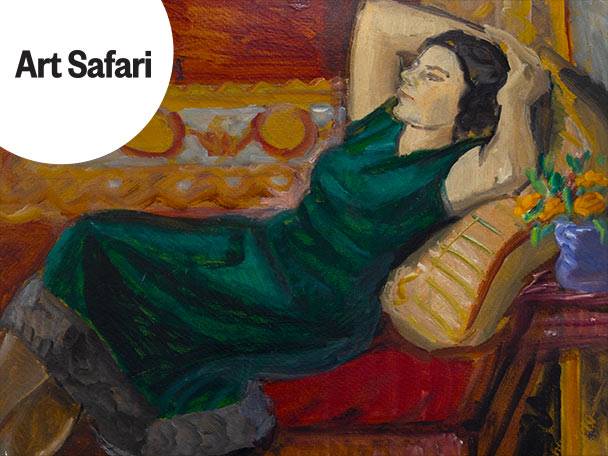 Pictură a unei femei întinse pe o canapea, cu textul „Art Safari”.