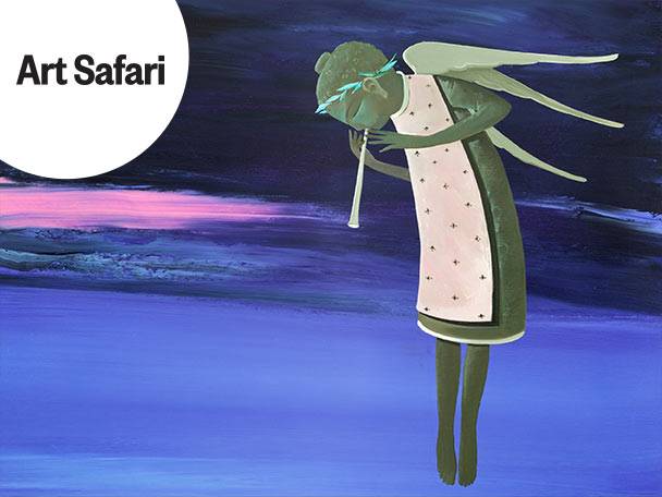 Pictură cu un înger verde cu aripi, cântând la flaut pe un fundal albastru-violet.