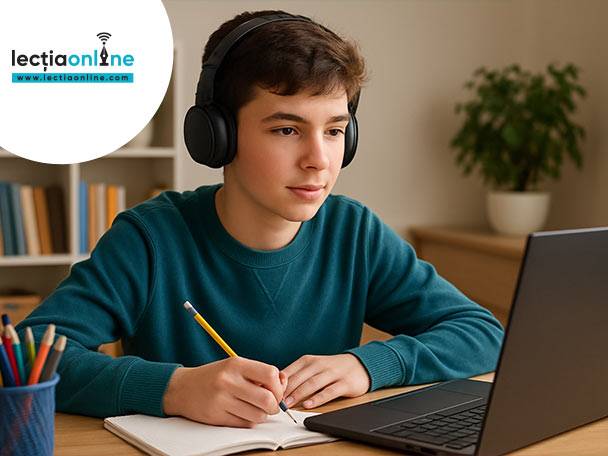 Un elev studiază online folosind un laptop și căști, cu logo-ul LectiaOnline vizibil.