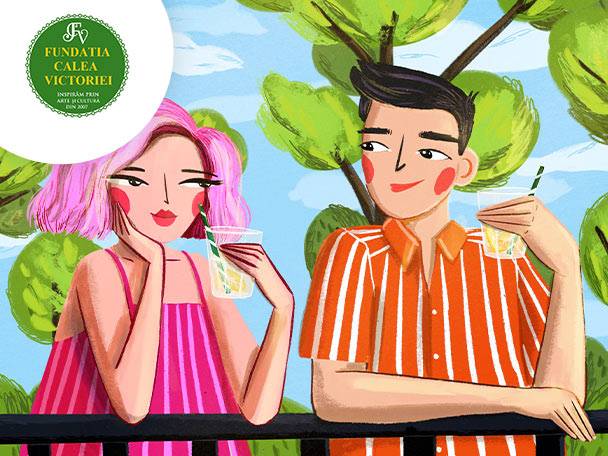 Ilustrație veselă cu doi tineri care se bucură de băuturi răcoritoare într-o zi însorită, pe fundalul unui peisaj verde.