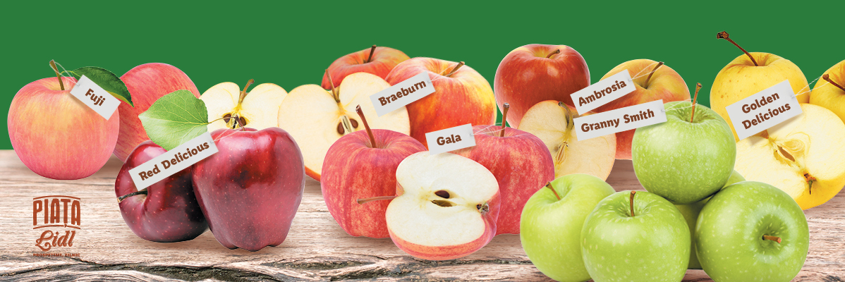 Mere: Fuji, Red Delicious, Braeburn, Gala, Granny Smith și Golden Delicious de la Lidl.