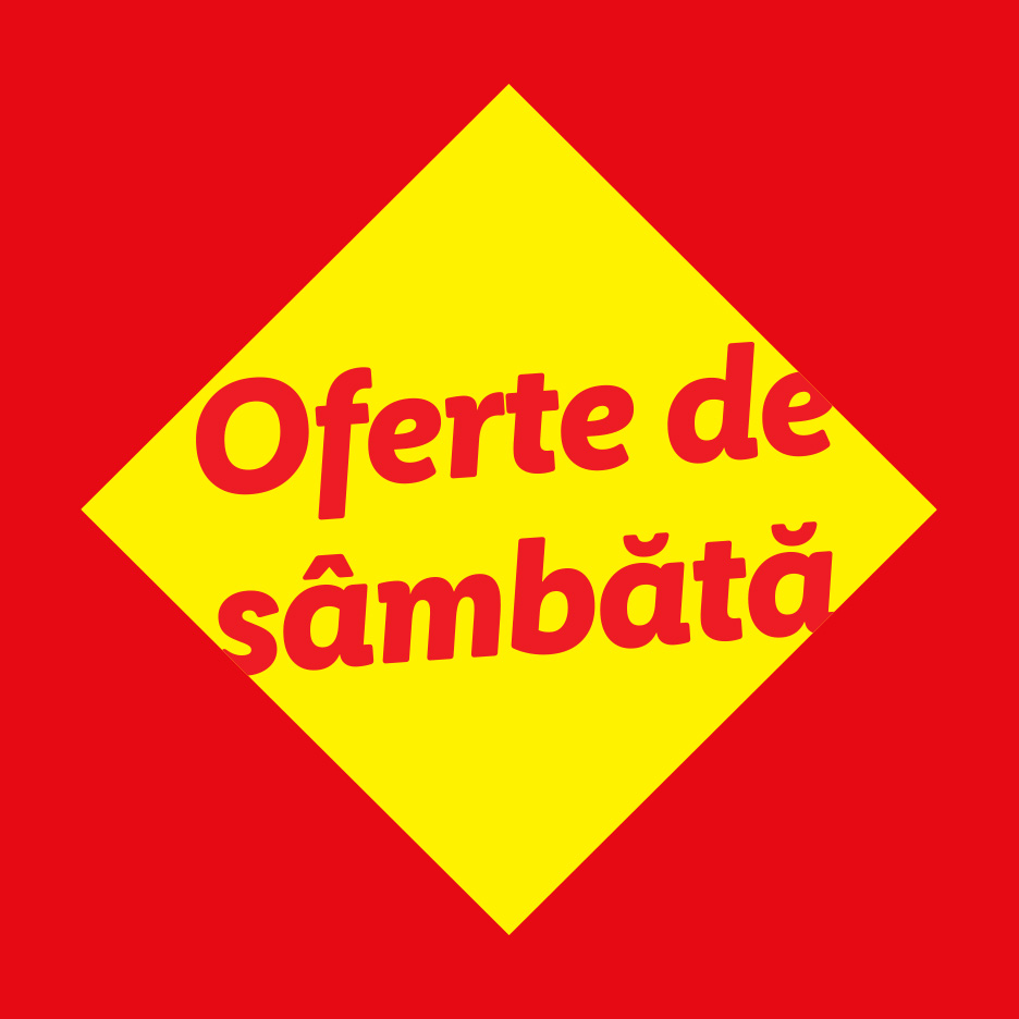 Oferte de sâmbătă pe un fundal roșu cu un romb galben.