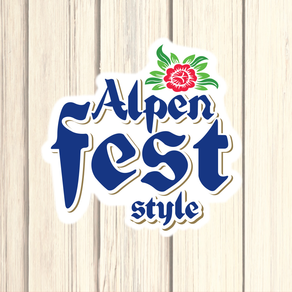 Logo Alpen Fest style cu o floare roșie și frunze verzi, pe un fundal de lemn deschis.