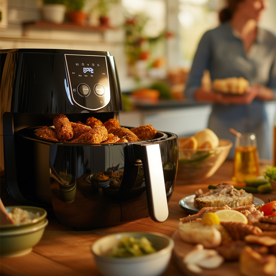 Friteuză cu aer cald plină cu nuggets de pui, pe o masă de bucătărie cu gustări.