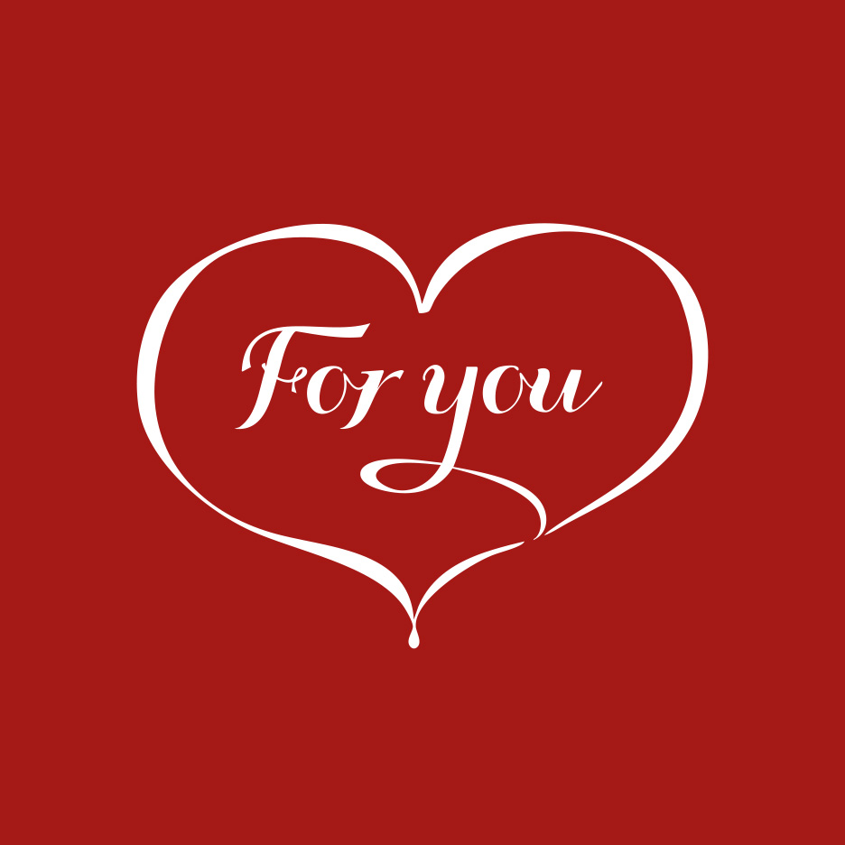 Inimă albă conturată pe fundal roșu, cu textul „For you” în interior.
