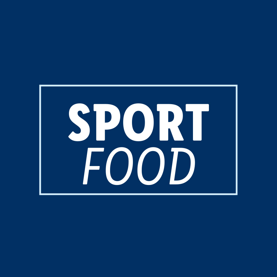 Textul alb „SPORT FOOD” într-un chenar alb pe un fundal albastru închis.