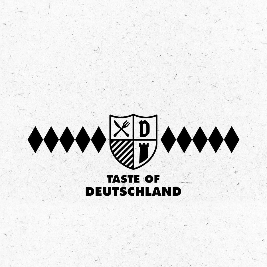 Siglă cu scut, tacâmuri, litera D și un turn, cu textul „TASTE OF DEUTSCHLAND”.