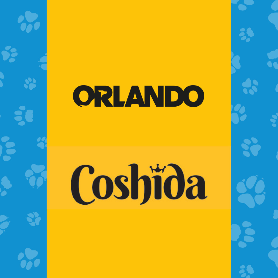 Două logo-uri de hrană pentru animale de companie pe un fundal galben, cu amprente de labe albastre pe laterale.