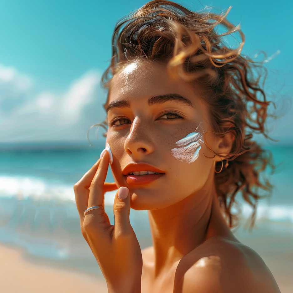 Femeie aplicând cremă de plajă pe față, pe o plajă însorită.