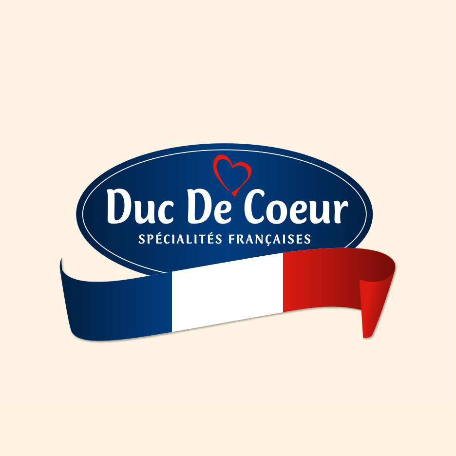 Logo cu textul 'Duc De Coeur SPECIALITĂȚI FRANCEZE' și o panglică în culorile drapelului francez.