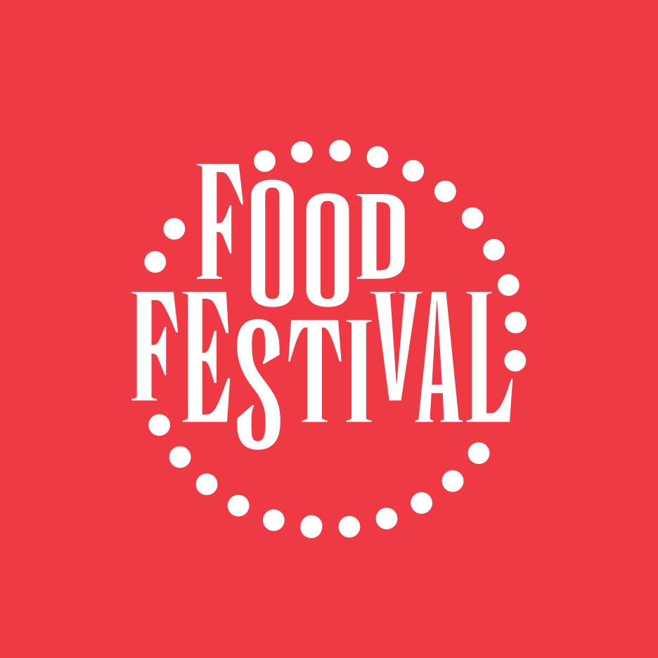 Logo pentru festivalul de mâncare, cu text alb pe fundal roșu și un cerc de puncte.