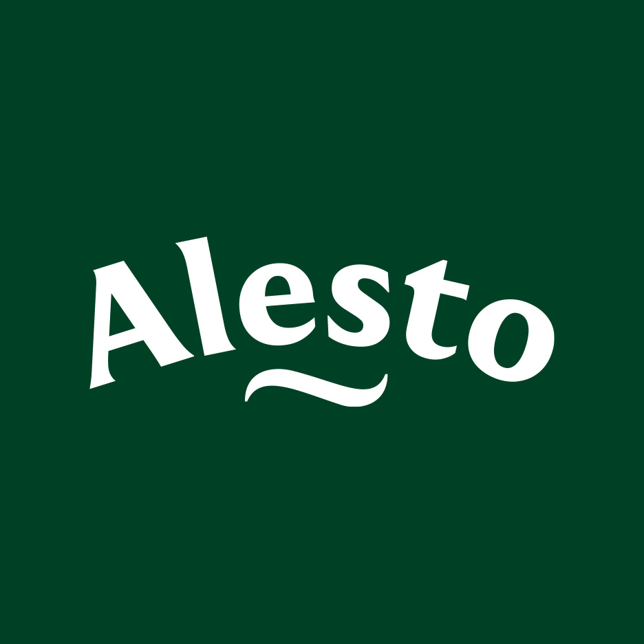Logo cu textul „Alesto” în alb, pe un fundal verde închis.