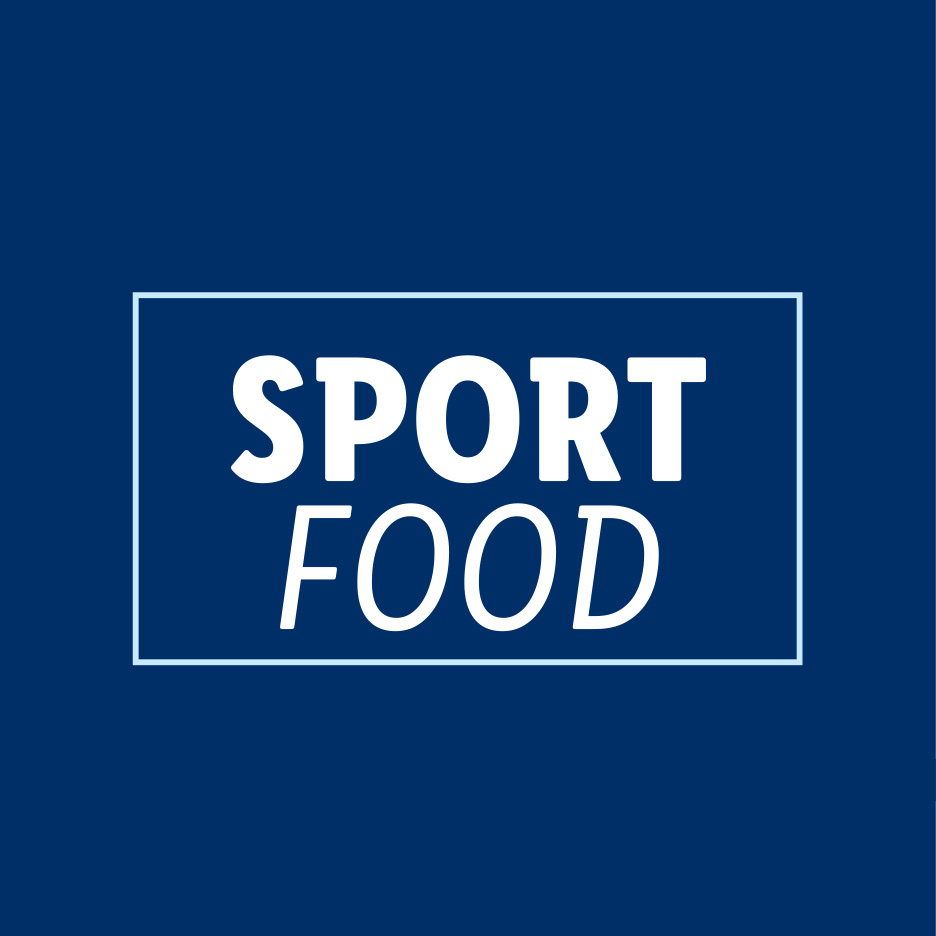 Textul 'SPORT FOOD' în alb, încadrat într-un chenar alb, pe un fundal albastru închis.