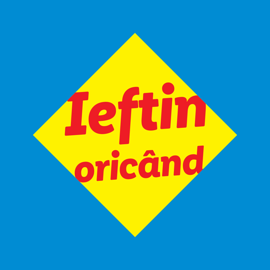 Textul 'Ieftin oricând' pe un romb galben, pe fundal albastru.