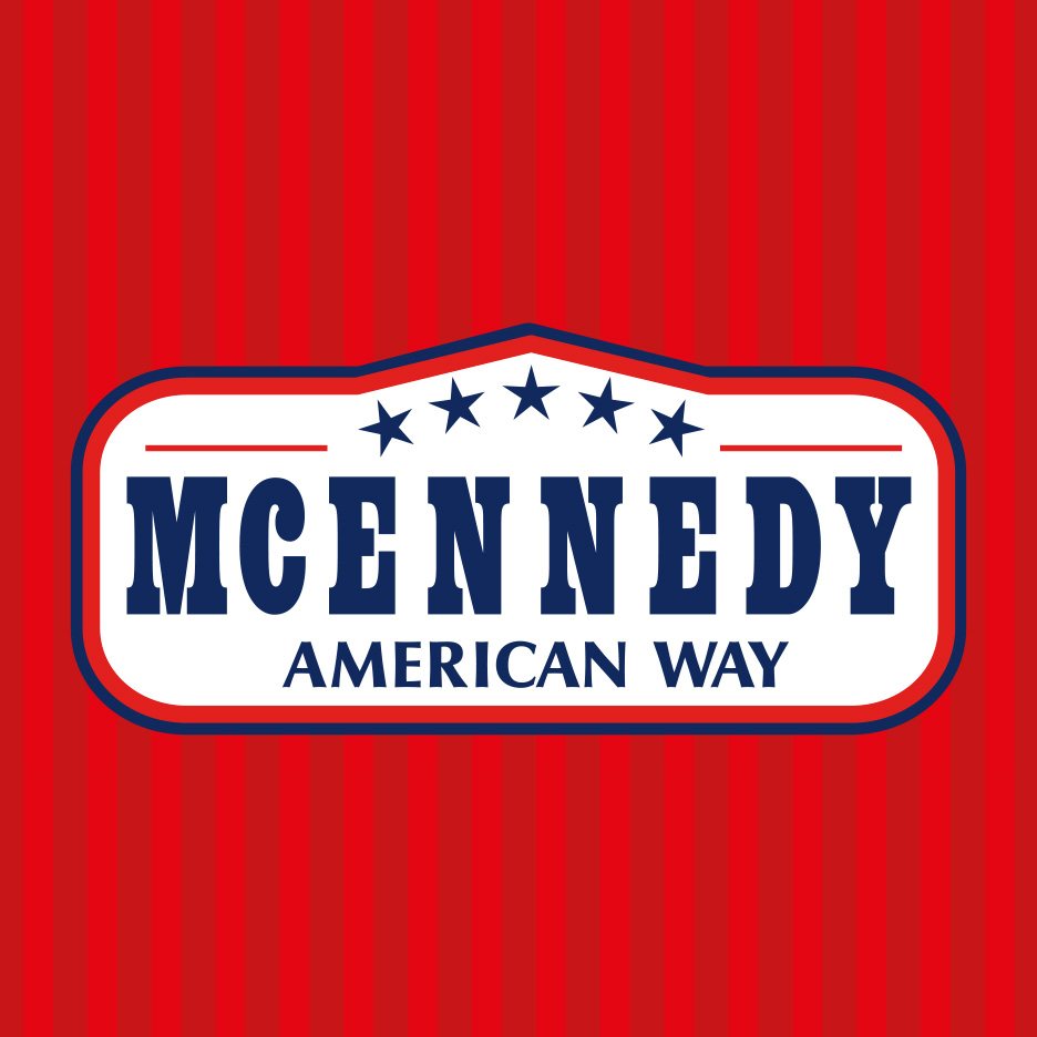 Siglă în stil american cu textul 'American Way' pe fundal cu dungi roșii.