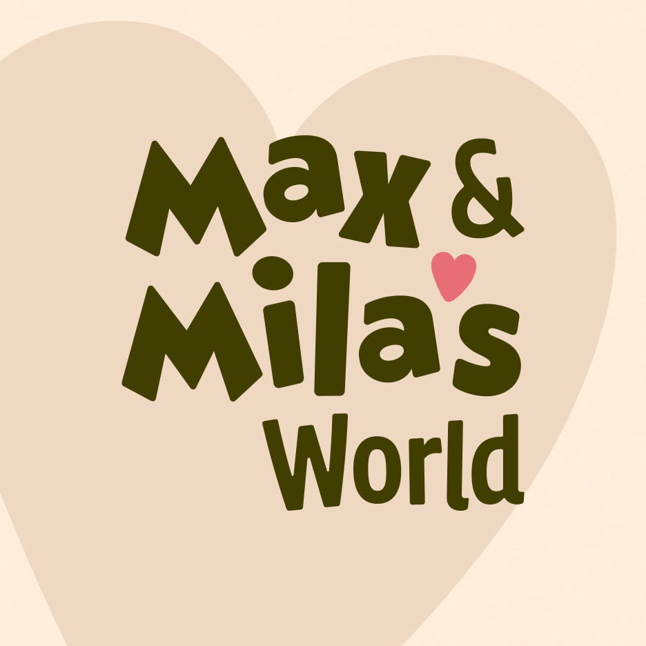 Logo cu textul 'Max & Mila's World' pe fundalul unei inimi bej.