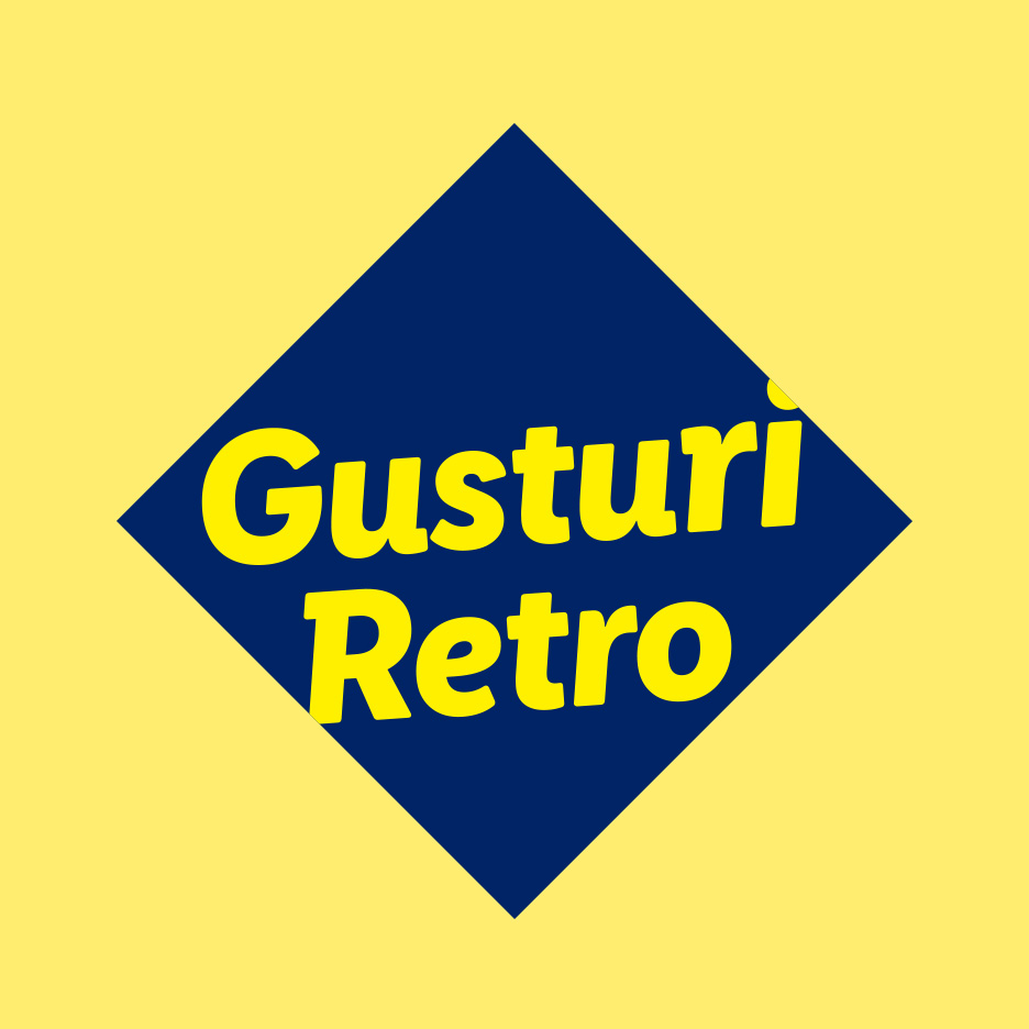 Logo Gusturi Retro: text galben pe un romb albastru, pe fundal galben.