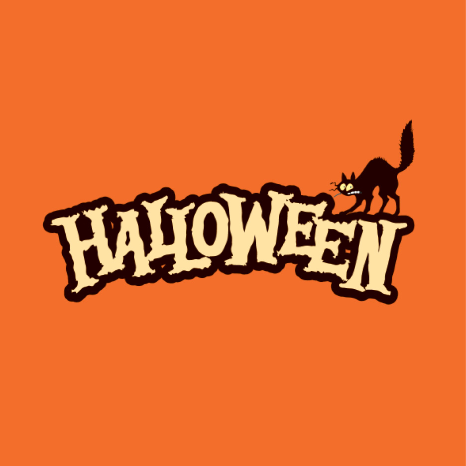Textul „HALLOWEEN” cu un contur negru și o pisică neagră înfricoșătoare pe un fundal portocaliu.