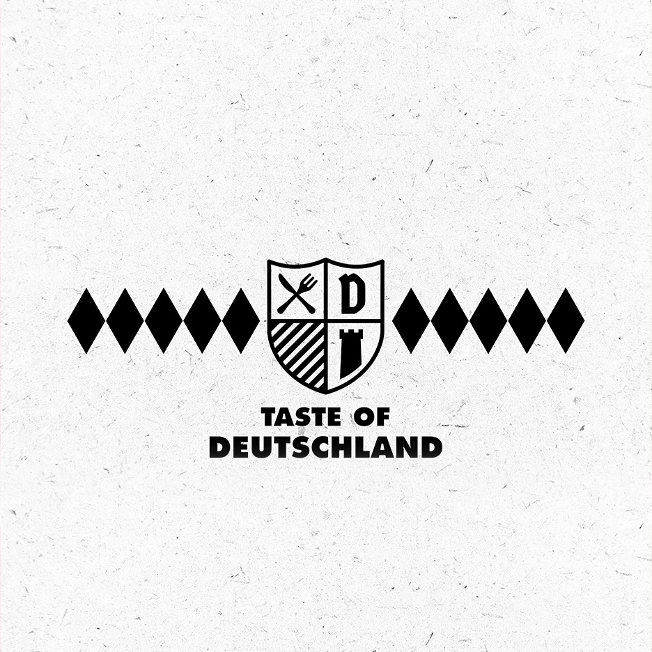 Siglă în stil germanic cu textul Taste of Germanland pe fundal texturat.