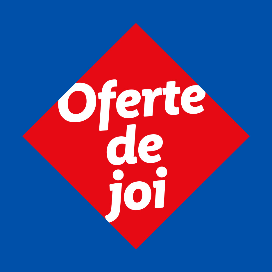 Un romb roșu pe un fundal albastru, cu textul alb 'Oferte de joi'.