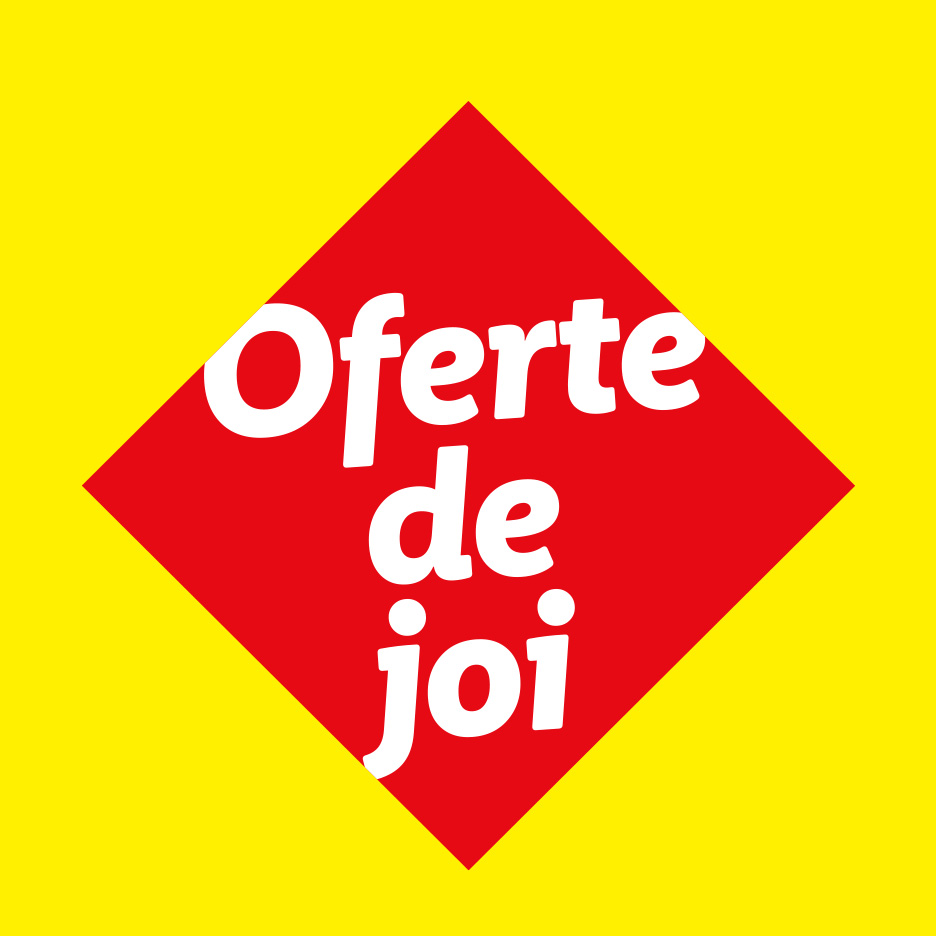 Siglă promoțională cu textul 'Oferte de joi' scris cu litere albe pe un fundal roșu în formă de romb, pe fundal galben.