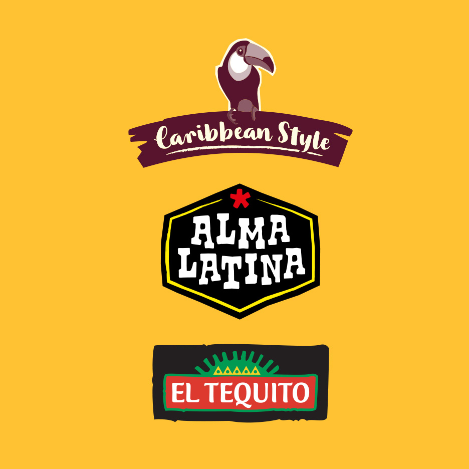 Trei logo-uri: un tucan deasupra unui banner „Caribbean Style”, un hexagon „Alma Latina” și un dreptunghi „El Tequito”.