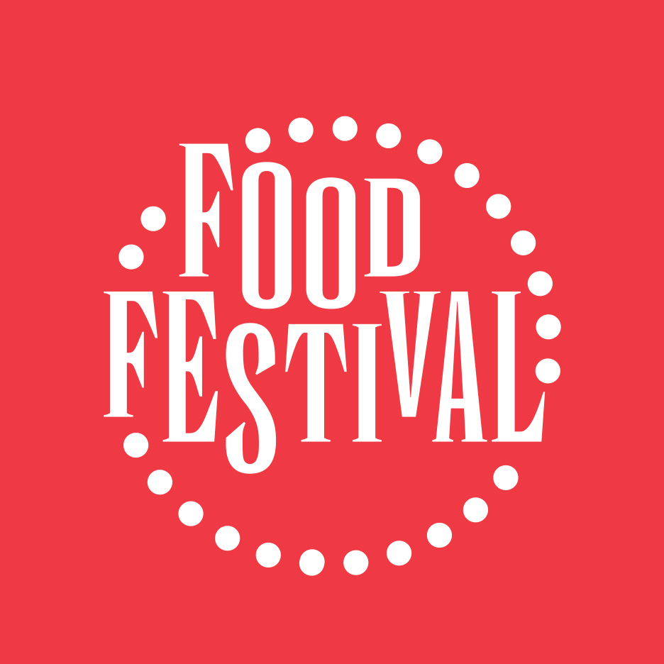 Textul 'FOOD FESTIVAL' în alb, înconjurat de puncte albe pe un fundal roșu.