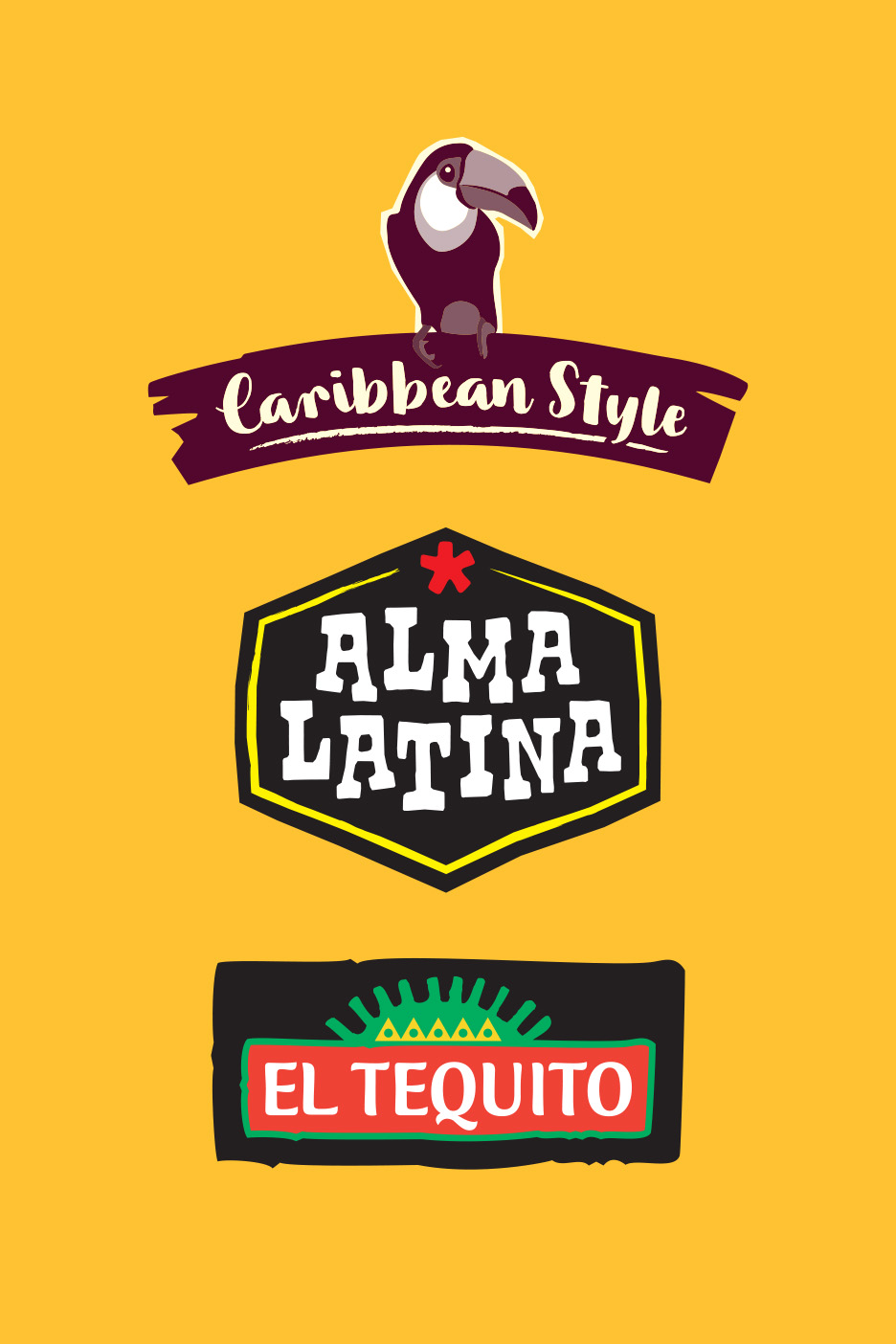 Trei logo-uri: „Caribbean Style” cu un tucan, „Alma Latina” și „El Tequito”.