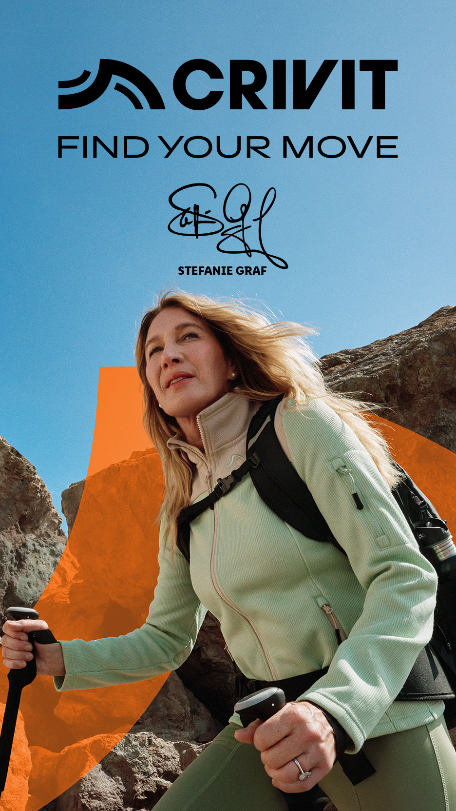 Femeie în echipament sportiv de drumeție, cu rucsac și bețe de trekking, pe un fundal stâncos. Text: FIND YOUR MOVE, STEFANIE GRAF.