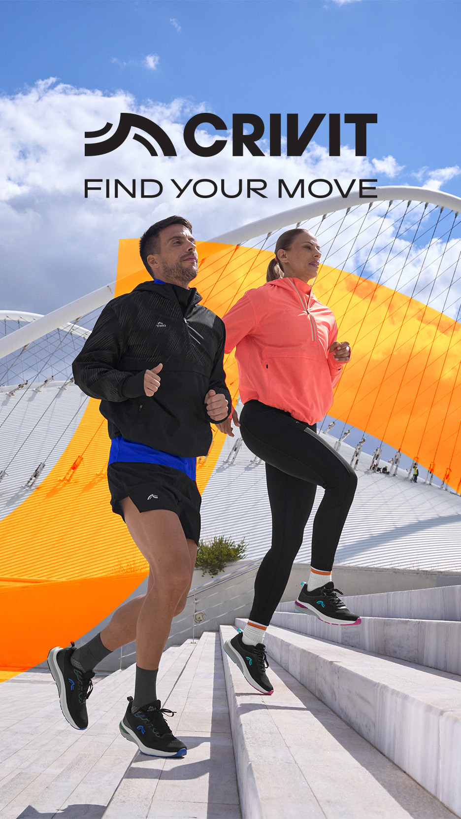 Doi alergători urcă scările, purtând jachete de alergare și pantofi sport. Text: FIND YOUR MOVE.