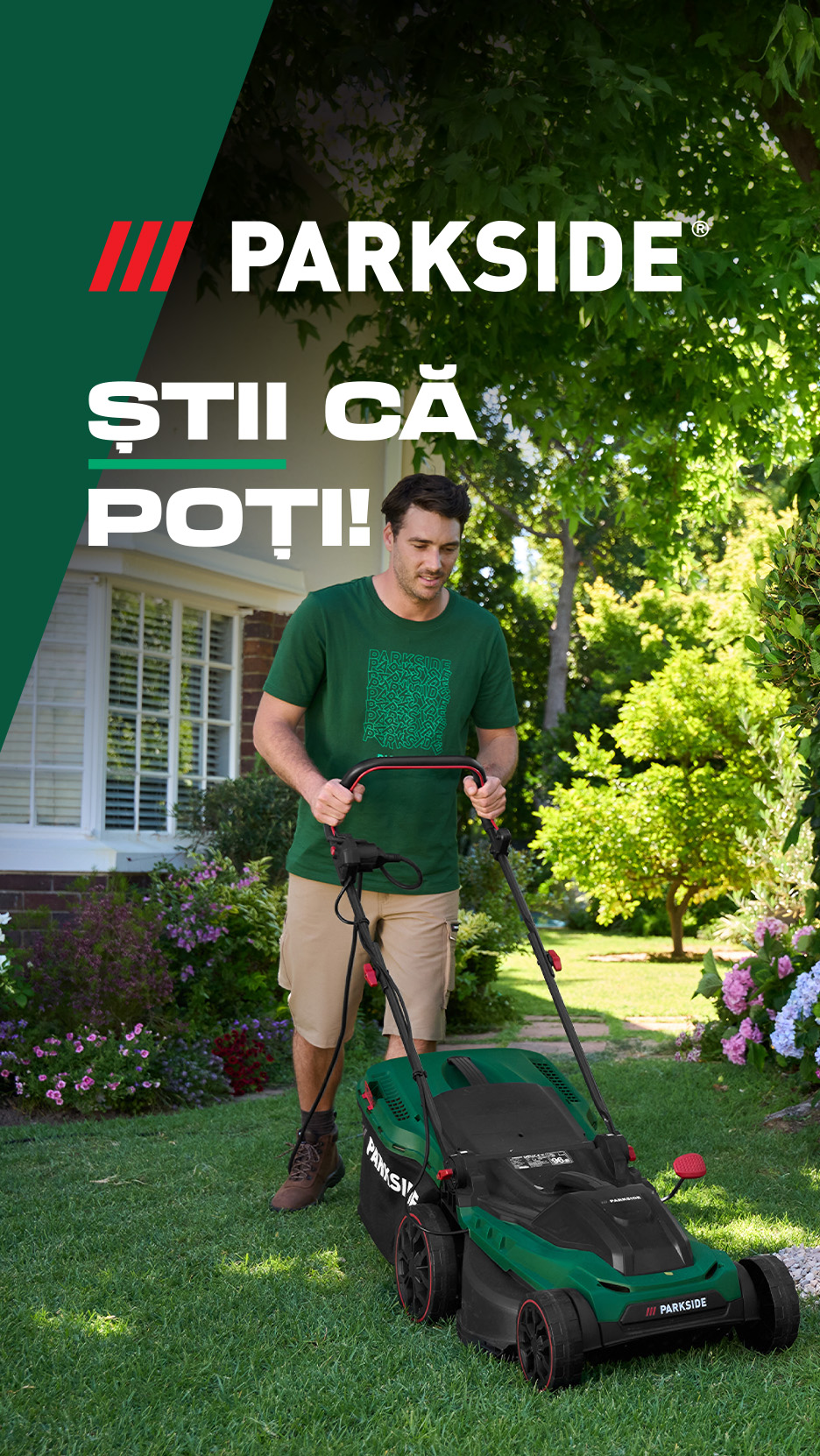 Bărbat tunde gazonul cu o mașină de tuns iarba electrică. Text: Știi că poți!