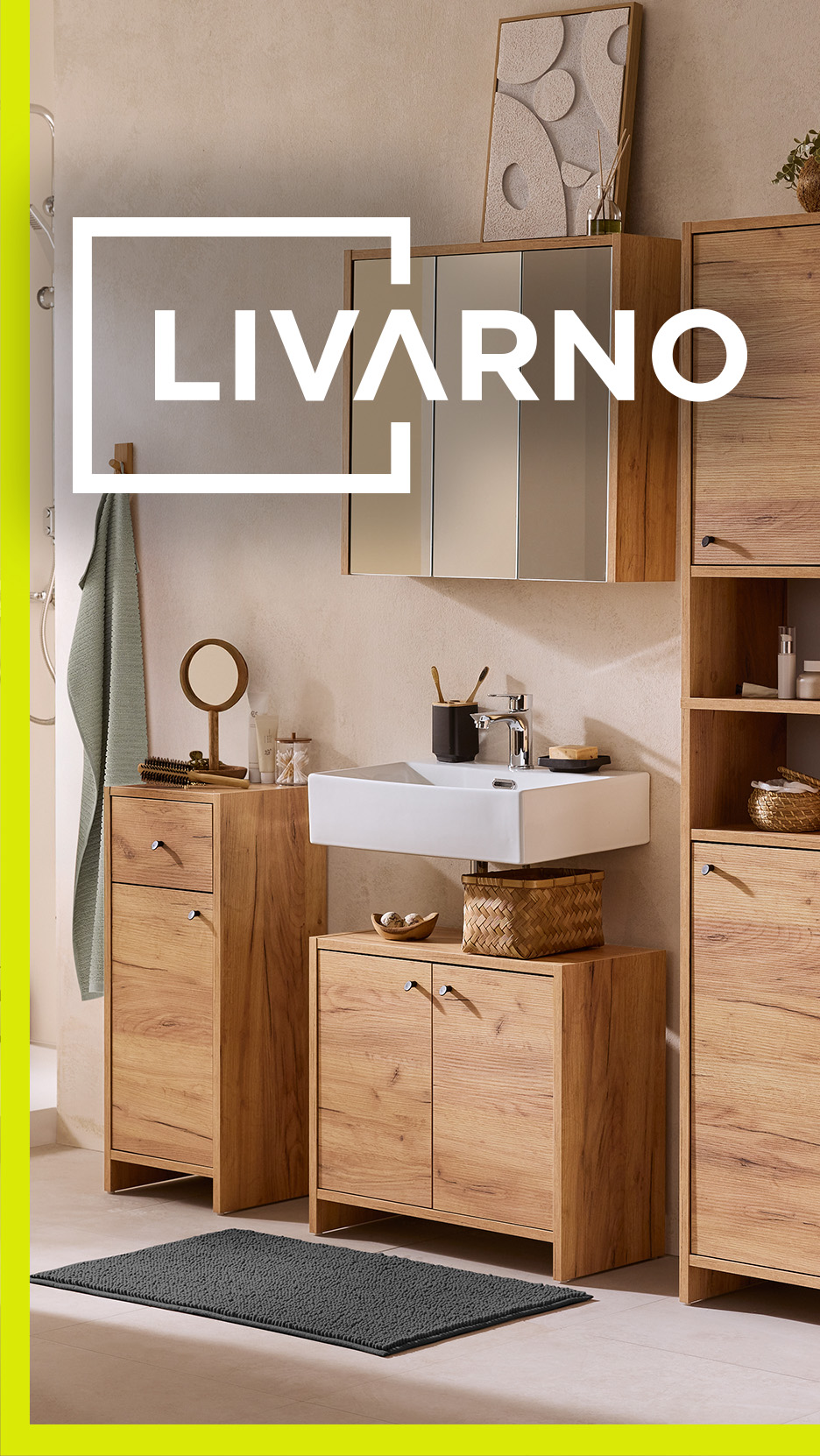 Mobilier de baie din lemn, cu chiuvetă, oglindă și dulapuri, pe fundal deschis, cu textul LIVARNO.