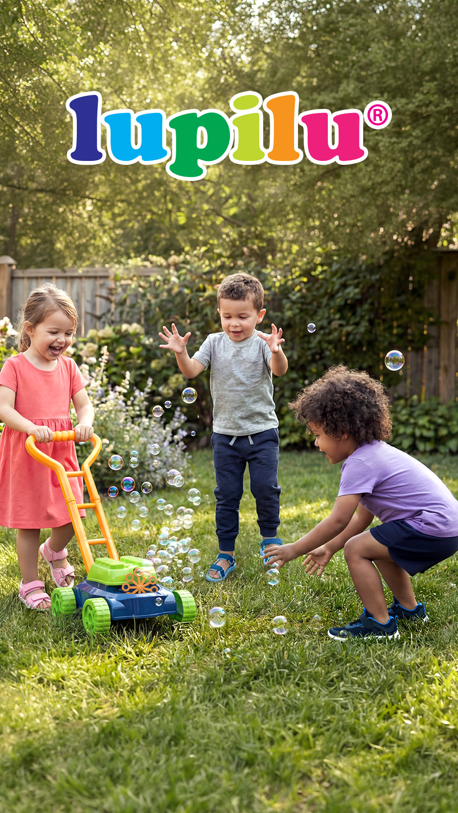 Trei copii se joacă cu o mașină de tuns iarba care face bule de săpun în grădină.