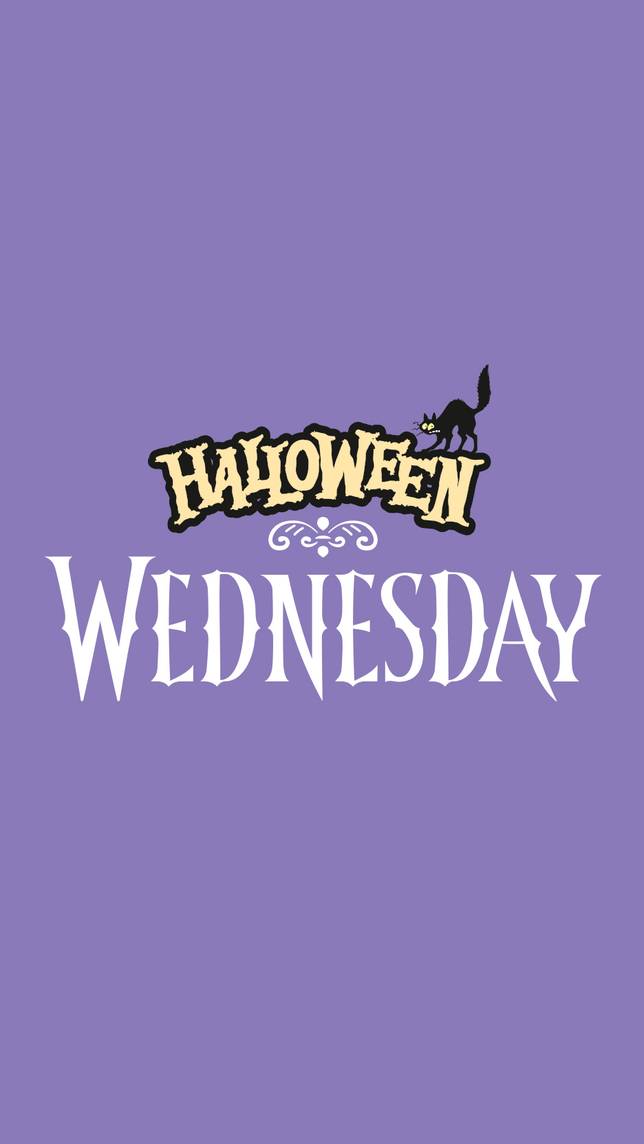 Textul 'HALLOWEEN WEDNESDAY' cu o pisică neagră pe un fundal violet.