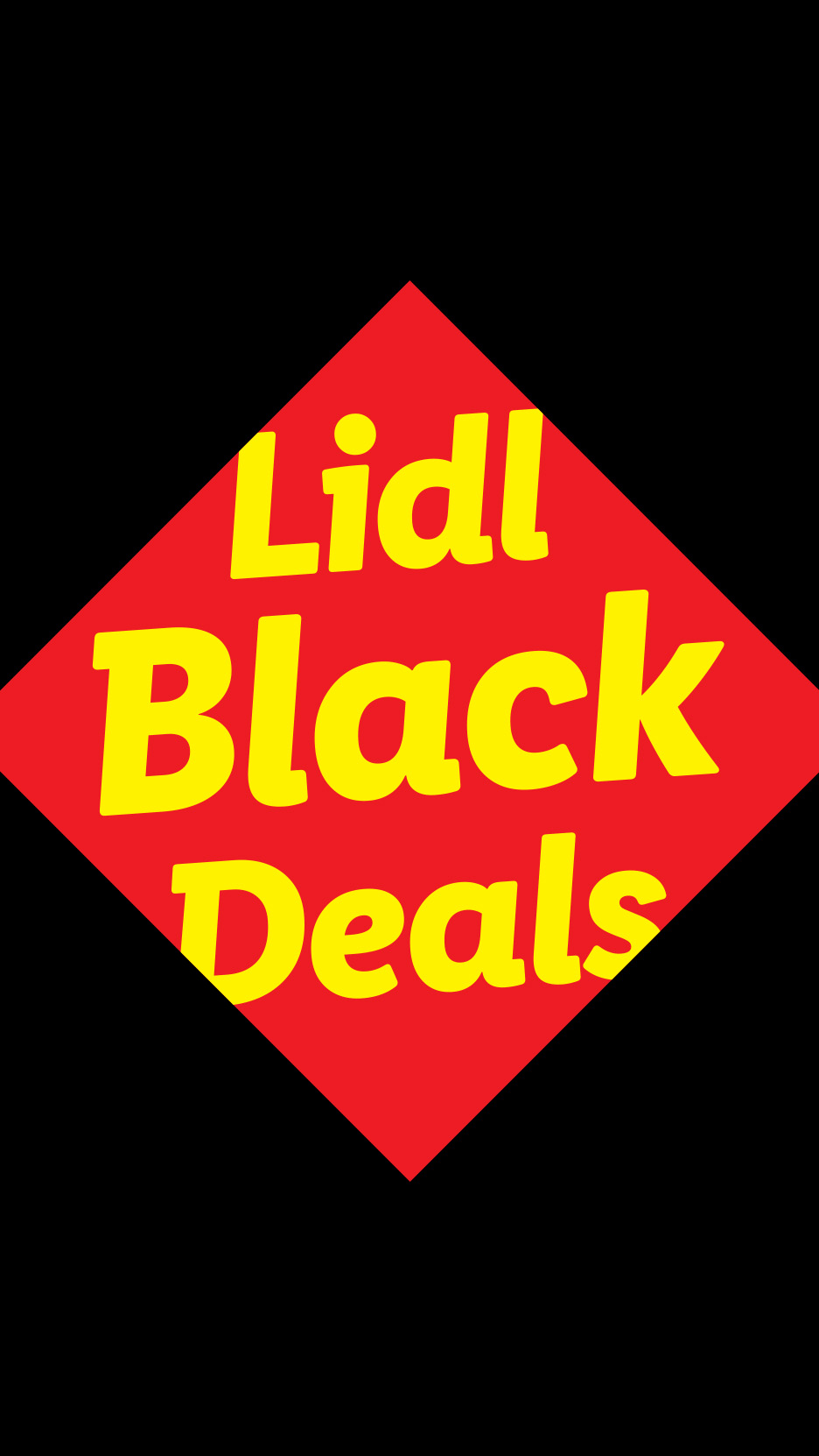 Siglă roșie în formă de romb cu textul galben Lidl Black Deals pe fundal negru