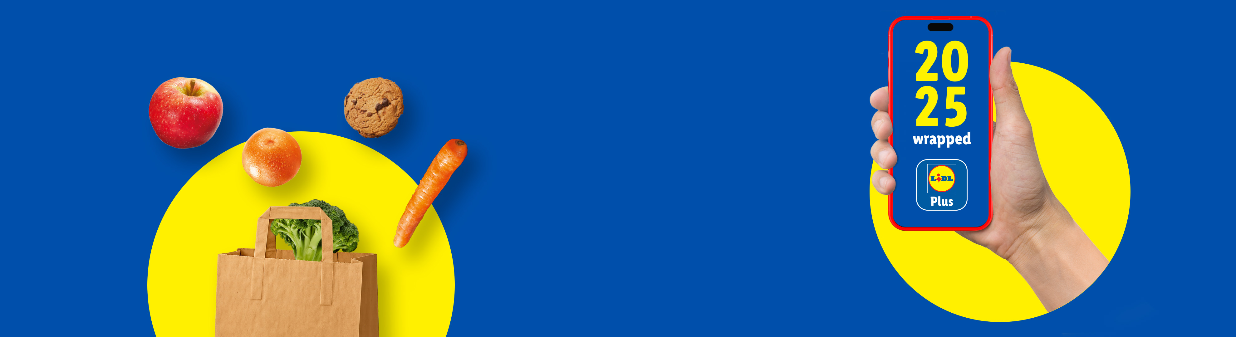Fructe, legume și un telefon cu aplicația Lidl Plus și textul „2025 wrapped” pe un fundal albastru.