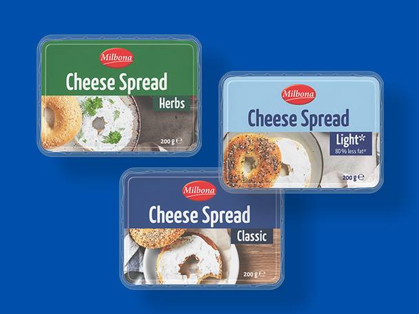 Trei cutii de cremă de brânză Milbona: cu ierburi, light și clasică, fiecare de 200g.